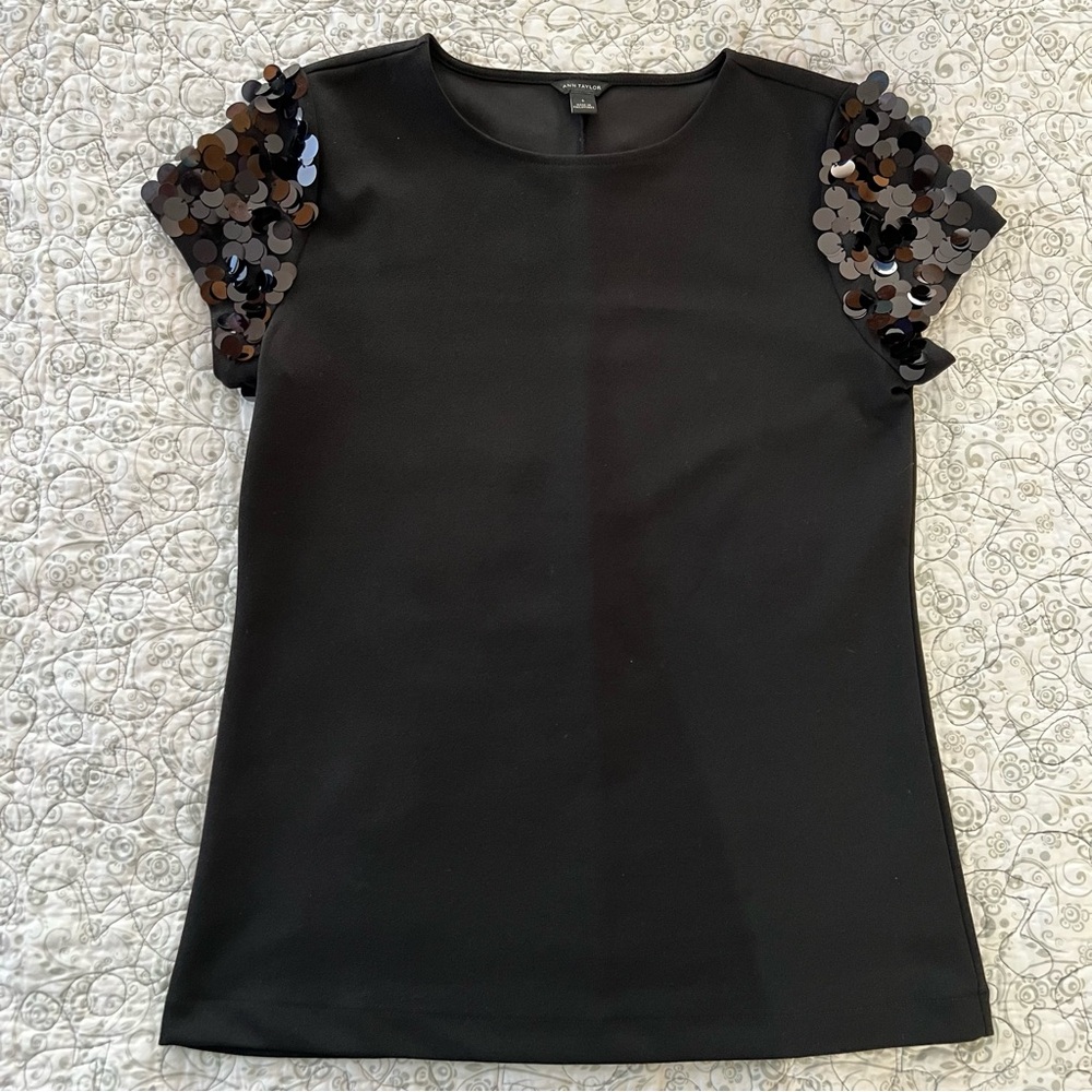 Ann Taylor Black Top with Sequin Accents Dressy Evening Flashy